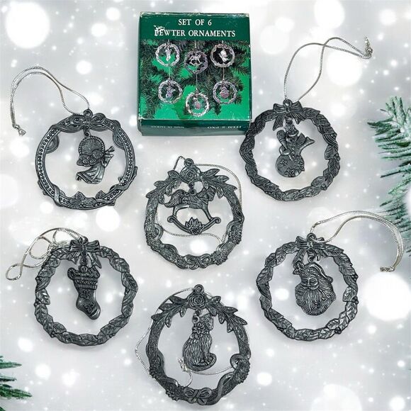 VTG Pewter Christmas Ornaments Set of 6 Dangling Cat Wreath Santa Angel Snowman - Picture 1 of 11